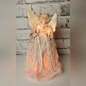 Vintage Porcelain Light Angel Tree Topper Lace Gown Working Lights